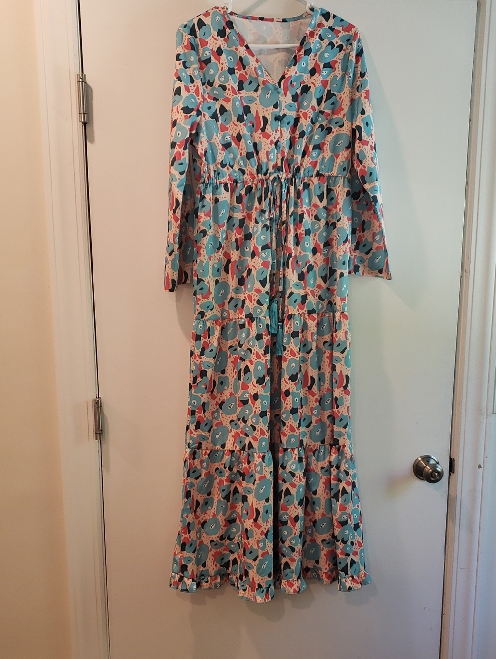 Long Tiered V-Neck Maxi Dress in Teal & Coral Abstract Print